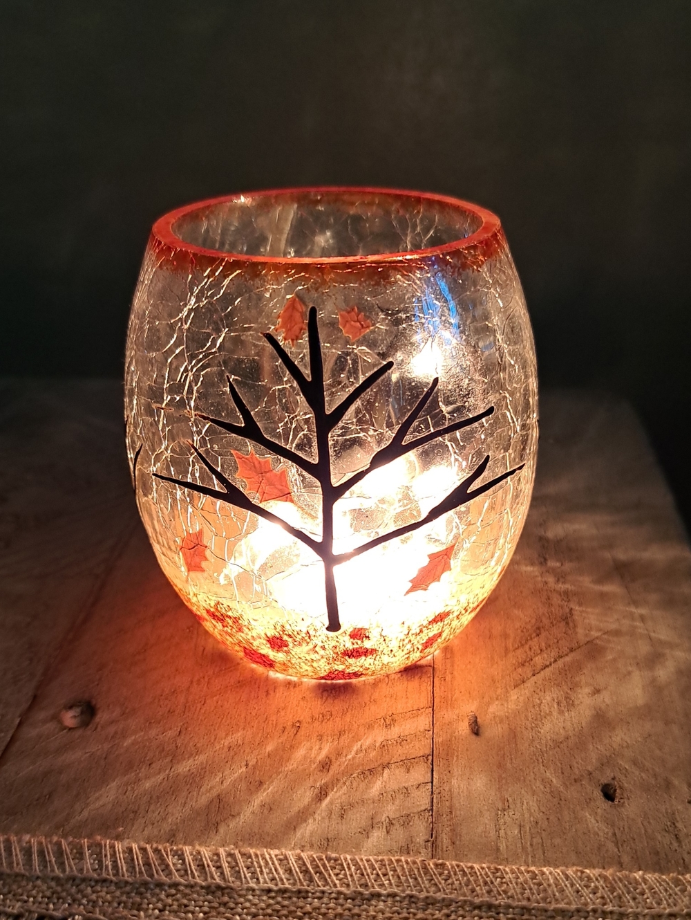 Autumn Tree Crackle Glass Lighted Fall Decor - Orange